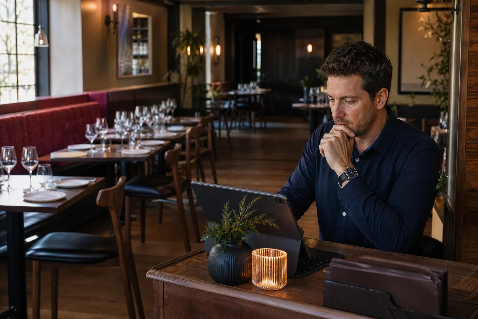 Restaurant manager reviewing digital performance and table reservations