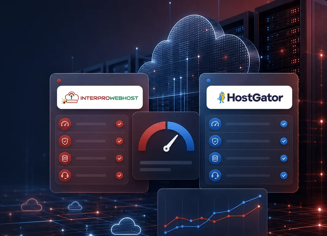 InterProWebHost and HostGator hosting comparison dashboard with cloud infrastructure and performance metrics