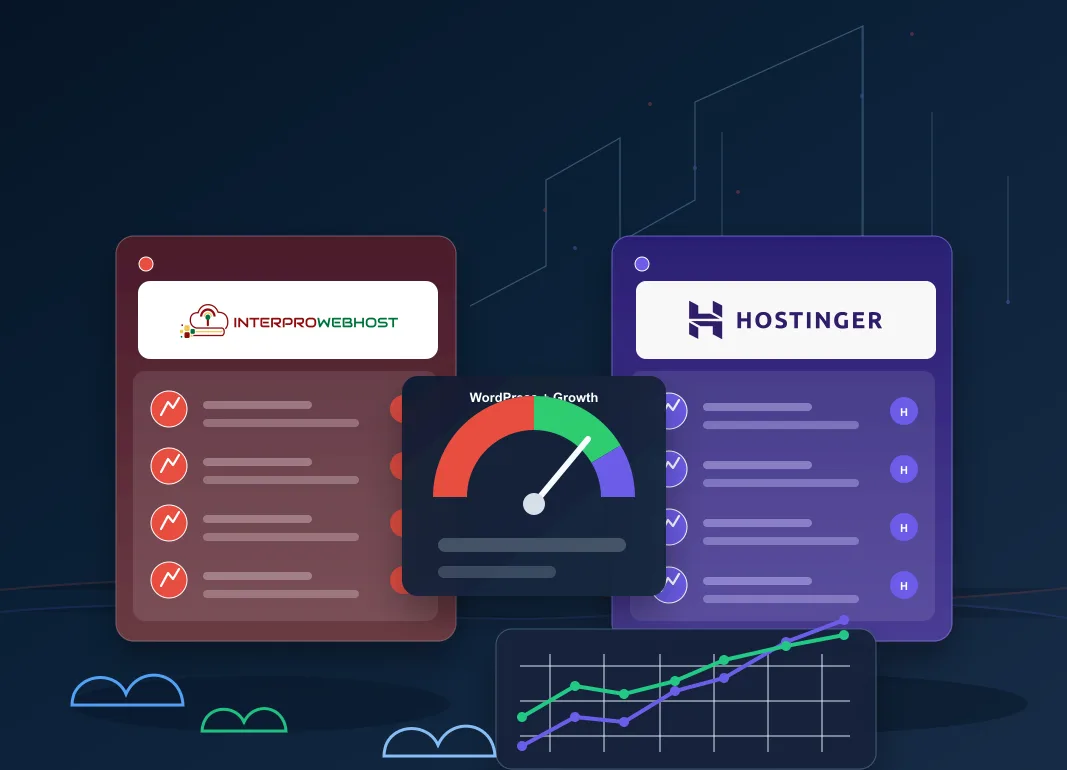 InterProWebHost and Hostinger comparison banner showing hosting, WordPress growth, and performance panels