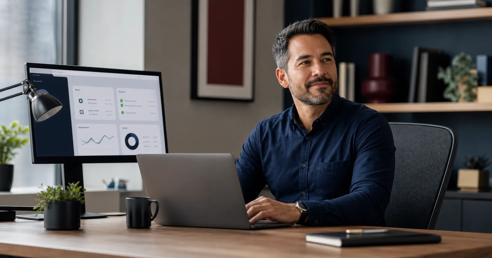 Small-business owner managing a website, email, protection, and growth analytics from one workspace