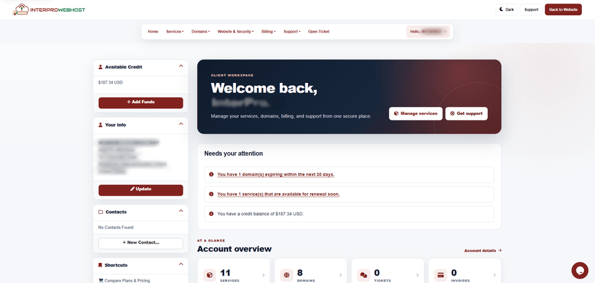 Modernized InterProWebHost client area with account overview