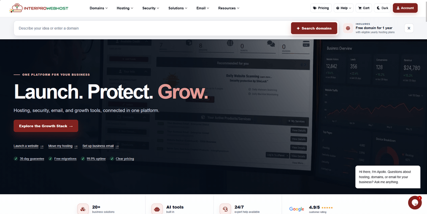 InterProWebHost homepage: One Platform to Launch, Protect, and Grow Your Business Online
